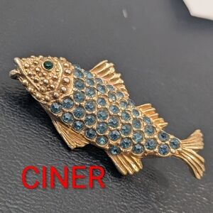 Vintage CINER Yellow Tone Fish With Rhinestone Brooch